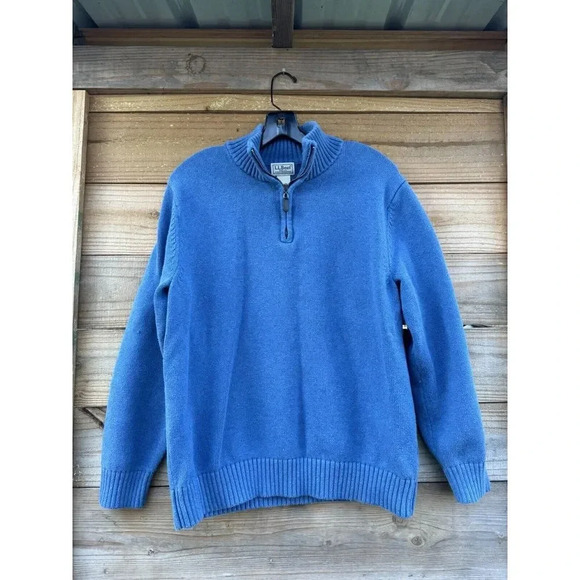 LL Bean Men's Large 1/4 Zip Mock Neck Sweater Long Sleeve 100% Cotton Blue - Picture 1 of 10